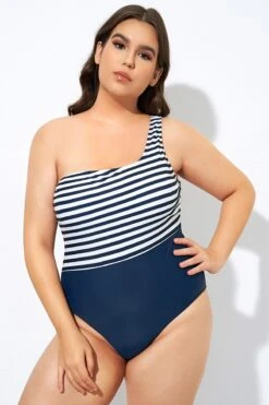Blue And White Stripe One Shoulder One Piece Swimsuit 12 Blue And White Stripe One Shoulder One Piece Swimsuit -Meetcurve Shop dsc08103