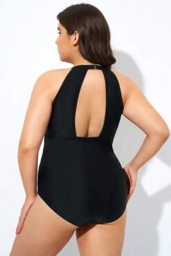 Black High Neck Plunge Mesh Cutout One Piece Swimsuit -Meetcurve Shop dsc08116