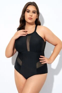 Black High Neck Plunge Mesh Cutout One Piece Swimsuit -Meetcurve Shop dsc08127