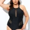 Black High Neck Plunge Mesh Cutout One Piece Swimsuit -Meetcurve Shop dsc08128