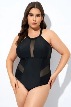 Black High Neck Plunge Mesh Cutout One Piece Swimsuit -Meetcurve Shop dsc08132