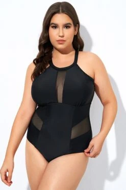Black High Neck Plunge Mesh Cutout One Piece Swimsuit -Meetcurve Shop dsc08137
