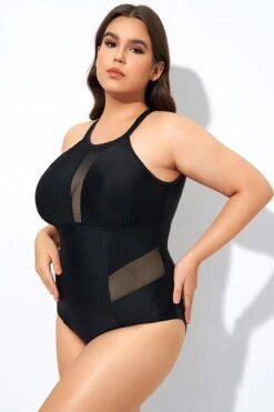 Black High Neck Plunge Mesh Cutout One Piece Swimsuit -Meetcurve Shop dsc08162
