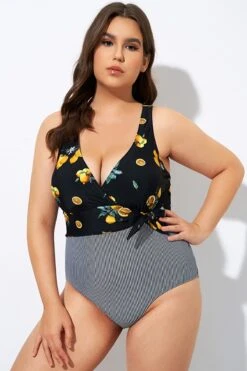 Lemon Stripes Print Front Lining One Piece Swimsuit -Meetcurve Shop dsc08241