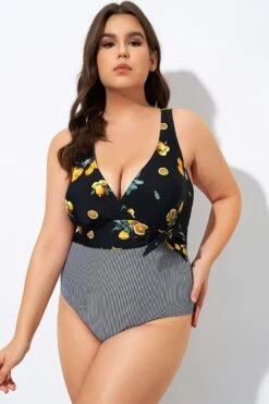 Lemon Stripes Print Front Lining One Piece Swimsuit -Meetcurve Shop dsc08255