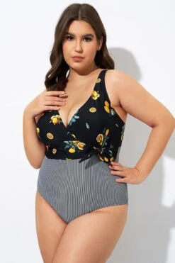 Lemon Stripes Print Front Lining One Piece Swimsuit -Meetcurve Shop dsc08257