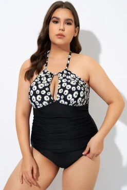 Daisy Print Cutout High Neck One Piece Swimsuit -Meetcurve Shop dsc08301
