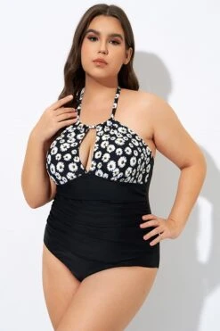 Daisy Print Cutout High Neck One Piece Swimsuit -Meetcurve Shop dsc08307