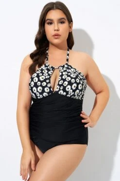 Daisy Print Cutout High Neck One Piece Swimsuit -Meetcurve Shop dsc08311