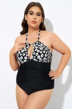 Daisy Print Cutout High Neck One Piece Swimsuit -Meetcurve Shop dsc08321