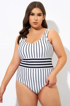 Black & White Stripe Women One Piece Swimsuit -Meetcurve Shop dsc09124