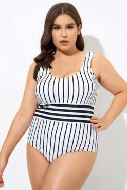 Black & White Stripe Women One Piece Swimsuit -Meetcurve Shop dsc09125