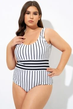 Black & White Stripe Women One Piece Swimsuit -Meetcurve Shop dsc09127