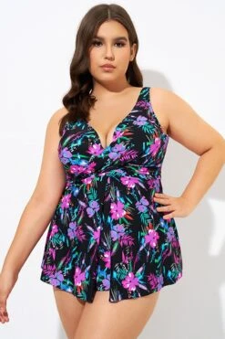 Neon Floral V-neck Twist Unlined Tankini Top -Meetcurve Shop dsc09329