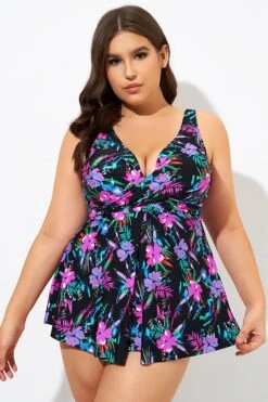 Neon Floral V-neck Twist Unlined Tankini Top -Meetcurve Shop dsc09333