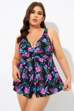 Neon Floral V-neck Twist Unlined Tankini Top -Meetcurve Shop dsc09334