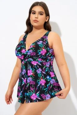 Neon Floral V-neck Twist Unlined Tankini Top -Meetcurve Shop dsc09365