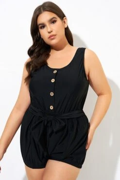 Black Classy Button Romper One Piece Swimsuit -Meetcurve Shop dsc09946
