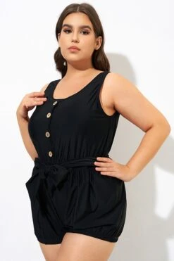 Black Classy Button Romper One Piece Swimsuit -Meetcurve Shop dsc09973