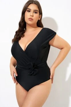 Black Short Sleeve Waist Tie One Piece Swimsuit